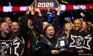 (Trent Nelson  |  The Salt Lake Tribune) Utah gymnasts celebrate their first place finish at the Big 12 Gymnastics Championship at the Maverik Center in West Valley City on Saturday, March 21, 2026.