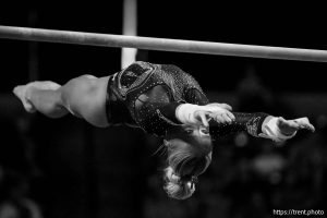 (Trent Nelson  |  The Salt Lake Tribune) Ashley Glynn on bars at the Big 12 Gymnastics Championship at the Maverik Center in West Valley City on Saturday, March 21, 2026.