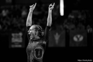 (Trent Nelson  |  The Salt Lake Tribune) Camie Winger celebrates a 9.975 on the beam at the Big 12 Gymnastics Championship at the Maverik Center in West Valley City on Saturday, March 21, 2026.