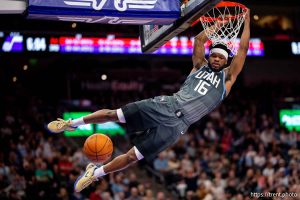 (Trent Nelson  |  The Salt Lake Tribune) Utah Jazz guard Elijah Harkless (16) as the Utah Jazz host the Toronto Raptors, NBA basketball in Salt Lake City on Monday, March 23, 2026.