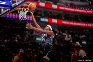 (Trent Nelson  |  The Salt Lake Tribune) Utah Jazz center Oscar Tshiebwe (34) as the Utah Jazz host the Toronto Raptors, NBA basketball in Salt Lake City on Monday, March 23, 2026.