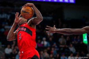 (Trent Nelson  |  The Salt Lake Tribune) Toronto Raptors forward Jonathan Mogbo (2) as the Utah Jazz host the Toronto Raptors, NBA basketball in Salt Lake City on Monday, March 23, 2026.