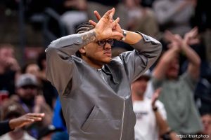 (Trent Nelson  |  The Salt Lake Tribune) Utah Jazz guard Keyonte George (3) celebrates a three-pointer by Utah Jazz guard Ace Bailey (19) as the Utah Jazz host the Toronto Raptors, NBA basketball in Salt Lake City on Monday, March 23, 2026.
