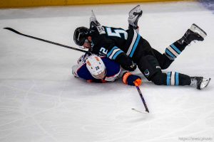 (Trent Nelson  |  The Salt Lake Tribune) Utah Mammoth defenseman MacKenzie Weegar (52) collides with Edmonton Oilers center Jack Roslovic (28) as the Utah Mammoth host the Edmonton Oilers, NHL hockey in Salt Lake City on Tuesday, March 24, 2026.