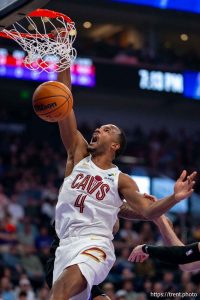 (Trent Nelson  |  The Salt Lake Tribune) Cleveland Cavaliers center Evan Mobley (4) as the Utah Jazz host the Cleveland Cavaliers, NBA basketball in Salt Lake City on Monday, March 30, 2026.