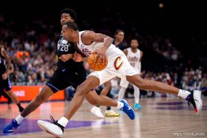 (Trent Nelson  |  The Salt Lake Tribune) Utah Jazz forward Brice Sensabaugh (28) and Evan Mobley as the Utah Jazz host the Cleveland Cavaliers, NBA basketball in Salt Lake City on Monday, March 30, 2026.