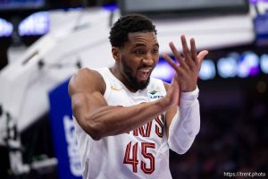 (Trent Nelson  |  The Salt Lake Tribune) Cleveland Cavaliers guard Donovan Mitchell (45) thanks his left hand after scoring to end the quarter, as the Utah Jazz host the Cleveland Cavaliers, NBA basketball in Salt Lake City on Monday, March 30, 2026.