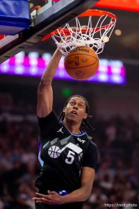 (Trent Nelson  |  The Salt Lake Tribune) Utah Jazz forward Cody Williams (5) as the Utah Jazz host the Cleveland Cavaliers, NBA basketball in Salt Lake City on Monday, March 30, 2026.