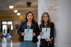 (Trent Nelson  |  The Salt Lake Tribune) House Minority Leader Angela Romero, D-Salt Lake City, and Liliana Olvera-Arbon, of the Utah Coalition Against Sexual Assault, after the signing of HB89 at the Utah Capitol in Salt Lake City on Thursday, March 26, 2026.