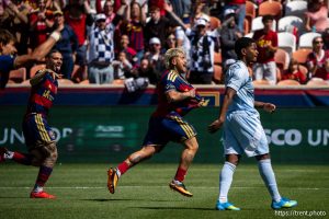 (Trent Nelson  |  The Salt Lake Tribune) Real Salt Lake midfielder Diego Luna (10) celebrates a goal as Real Salt Lake hosts Sporting Kansas City, MLS soccer in Sandy on Saturday, April 4, 2026.